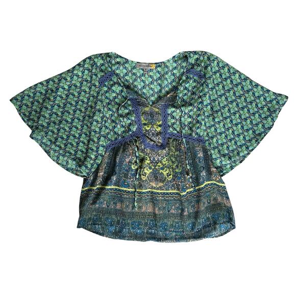 Fig & Flower Anthropologie Boho Top Womens Medium Green Blue Tunic Hippie Blouse - Picture 3 of 11